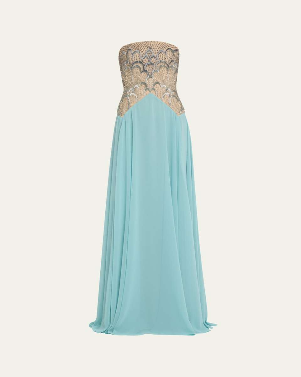 Strapless Embellished Bodice Chiffon Gown